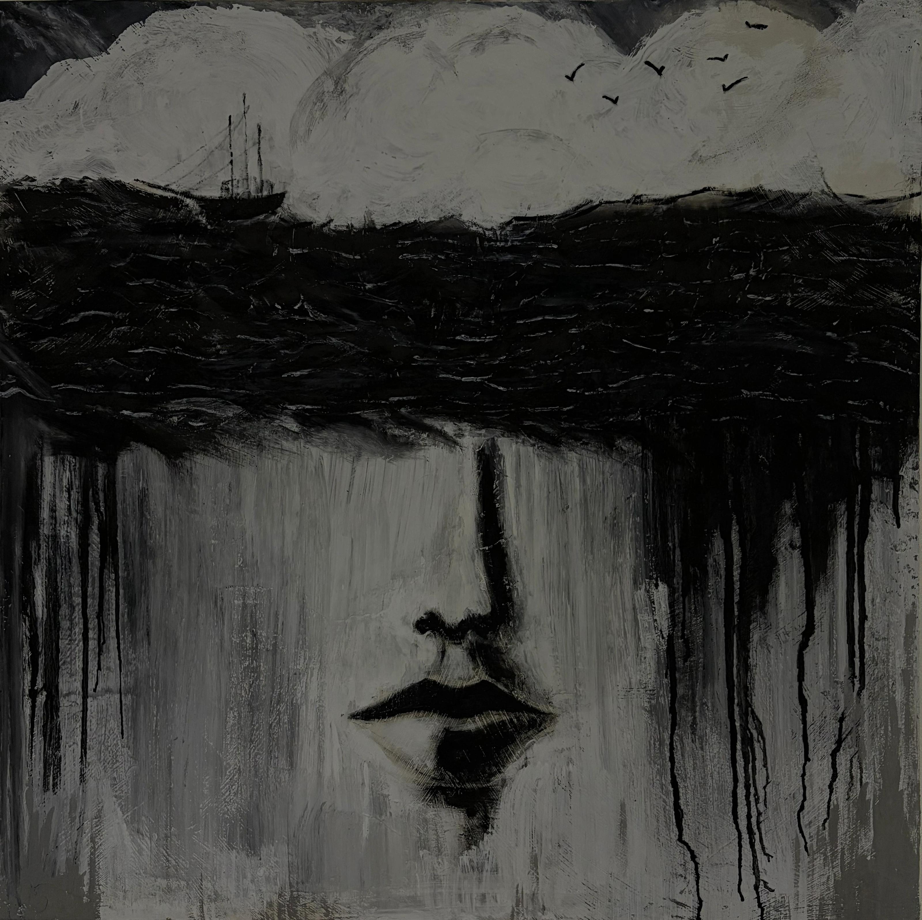 A monochrome face below a dark sea, with a ship and birds above.