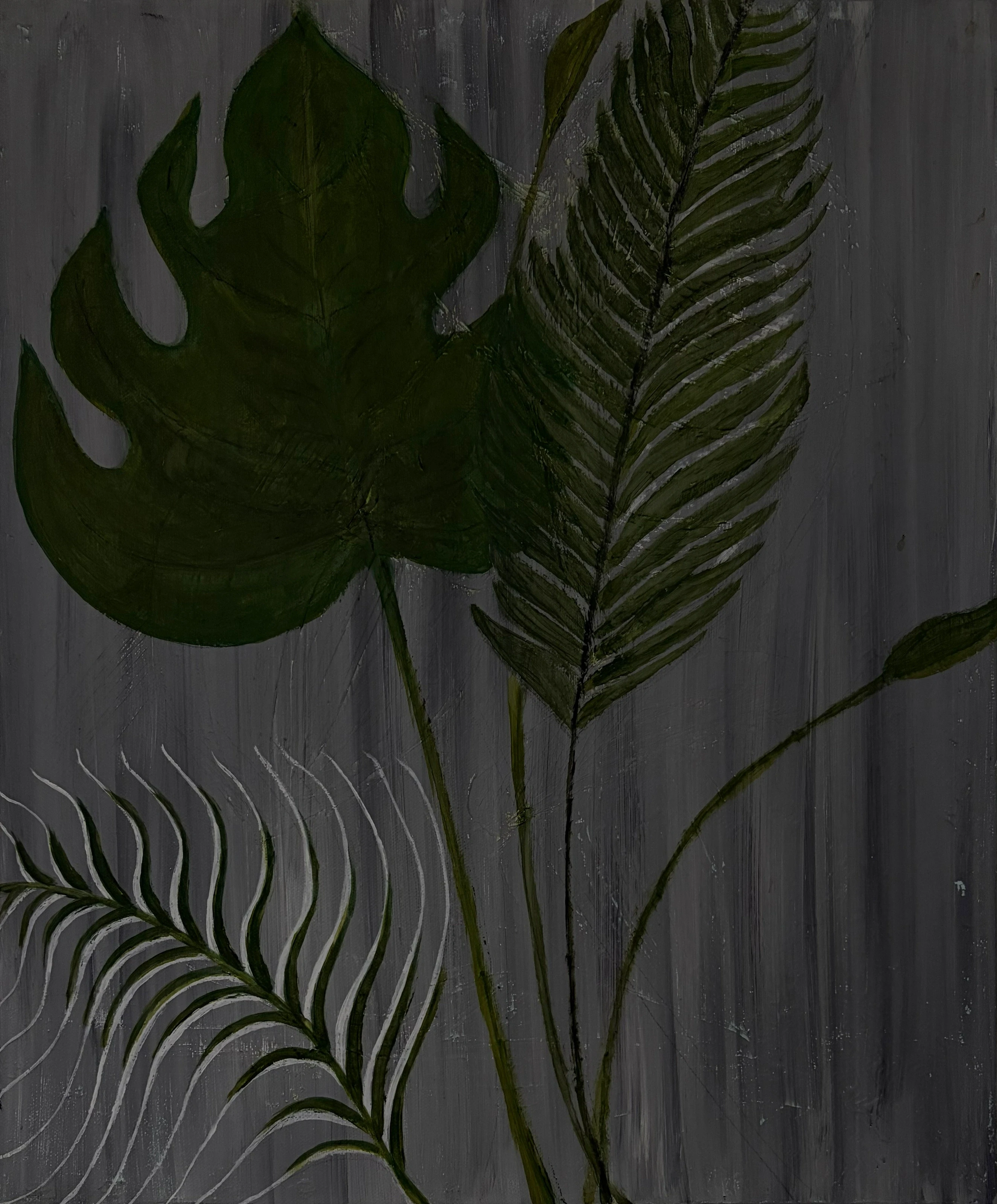 Large green leaves and a pale leaf outline against a grey, vertically textured background.